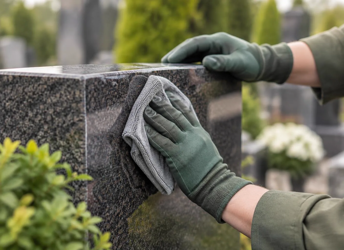 Dłonie w rękawicach delikatnie czyszczące granit miękką ściereczką